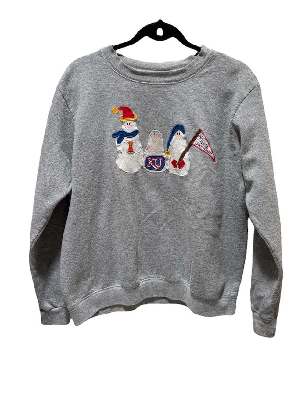 Vintage Handmade Granny Style Gray Crewneck Sweatshirt with Snowman KU Kansas